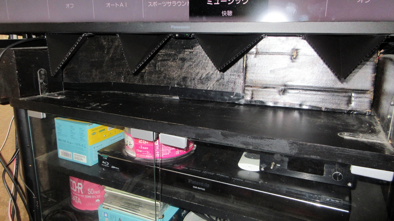 三角カバーをテレビに4つ取り付けたようす