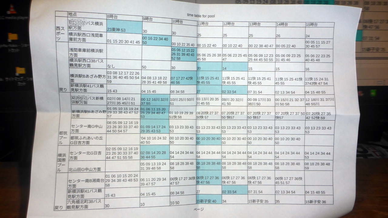 紙に打ち出したプールへの時刻表