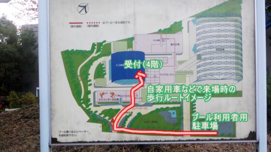 入江崎温水プール駐車場からの歩行ルートイメージ