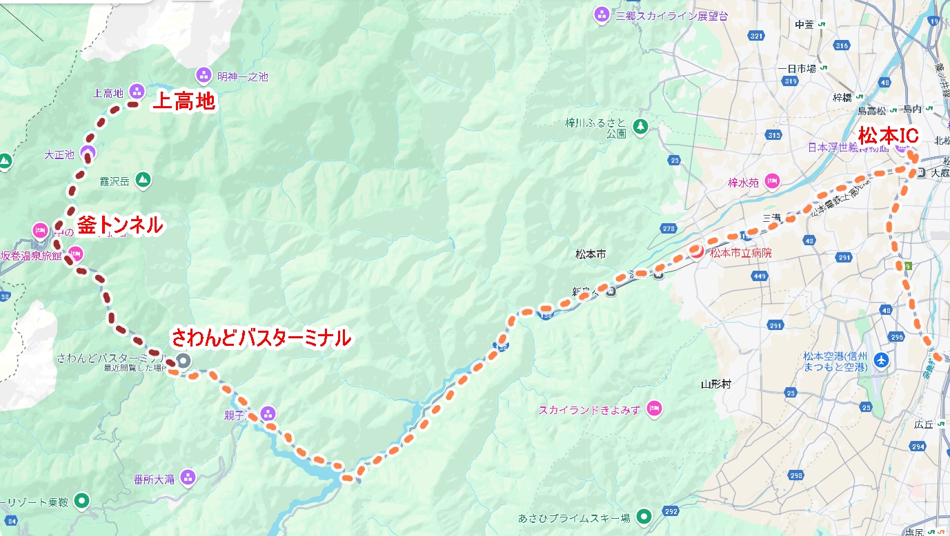 松本ICから上高地へのルート（Google Map)