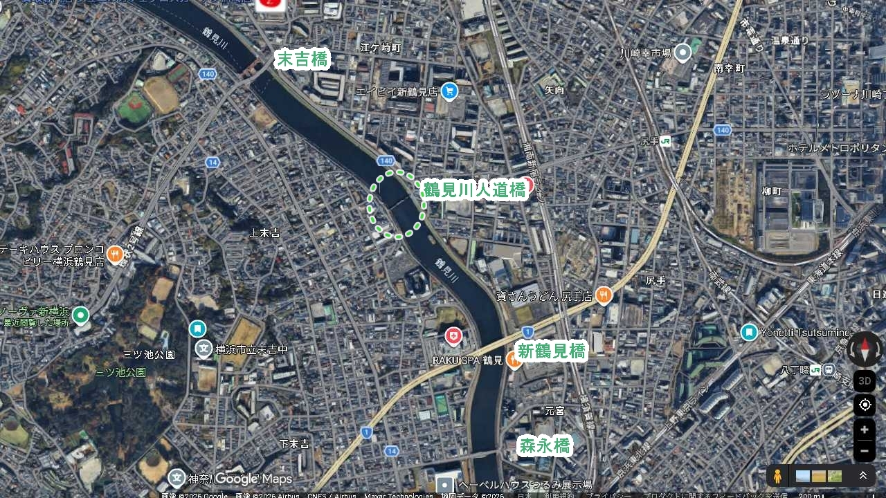 3つの橋の位置関係を示した衛星画像